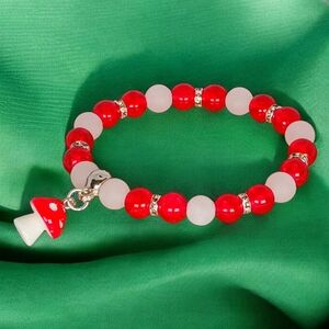 White Jade Red Crackle Glass Bracelet with Mushroom Charm Y2K Whimsical Earthy